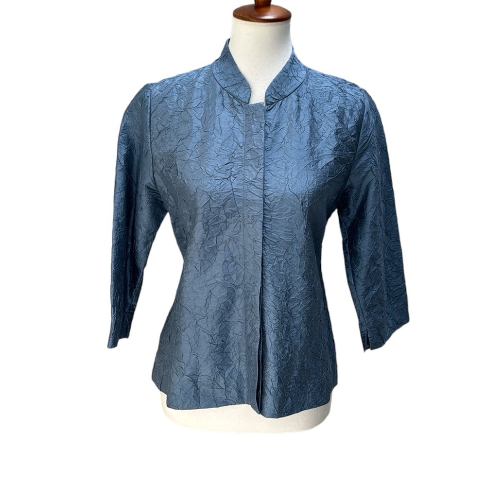 Eileen Fisher Mandarin Collar Shirt 109% Silk Lake Blue XS 3/4 sleeve